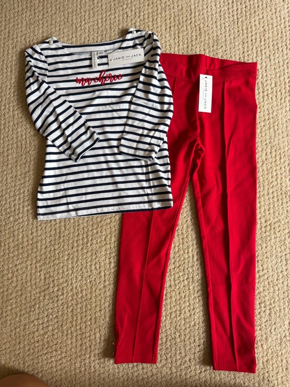 Janie and Jack Red Leggings with Navy & White Striped Top